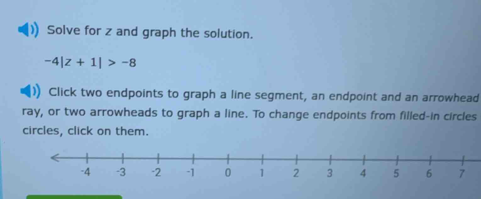 solve for z and graph the solution. -4|z + 1| > -8 click two endpoints …