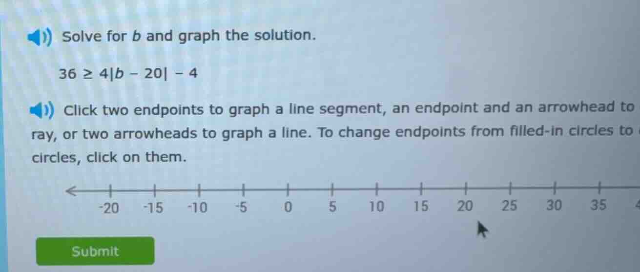 solve for b and graph the solution. 36 ≥ 4|b - 20| - 4 click two endpoi…