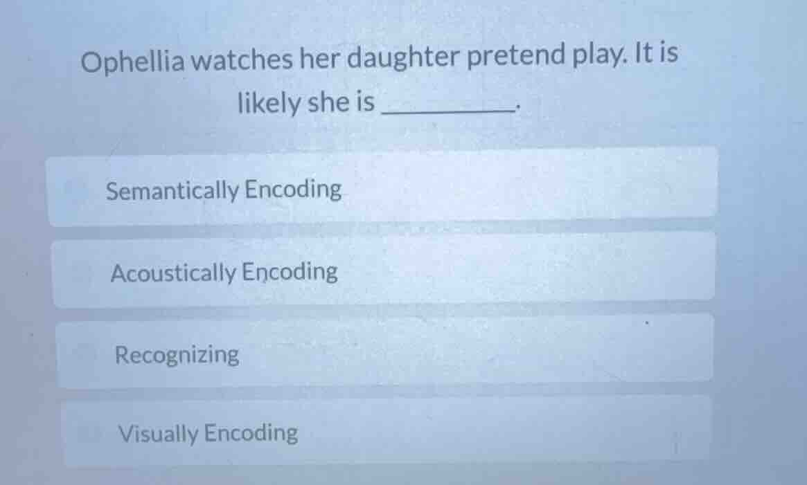 ophellia watches her daughter pretend play. it is likely she is ______.…