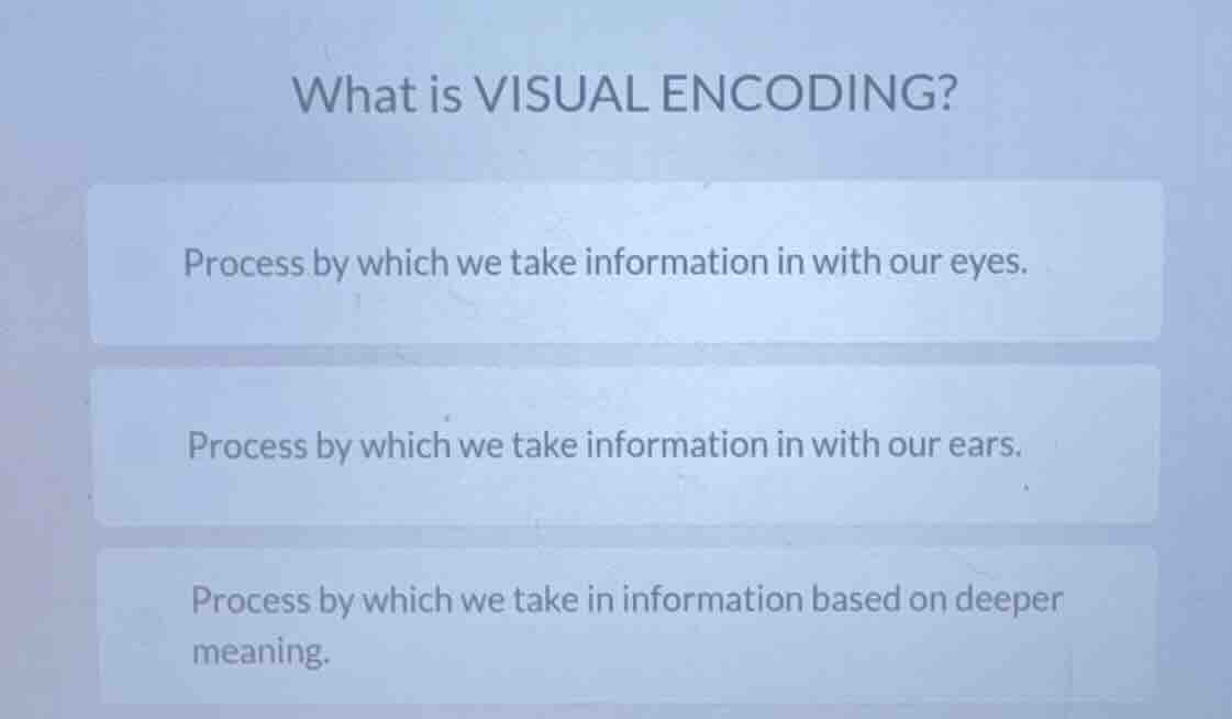 what is visual encoding? process by which we take information in with o…
