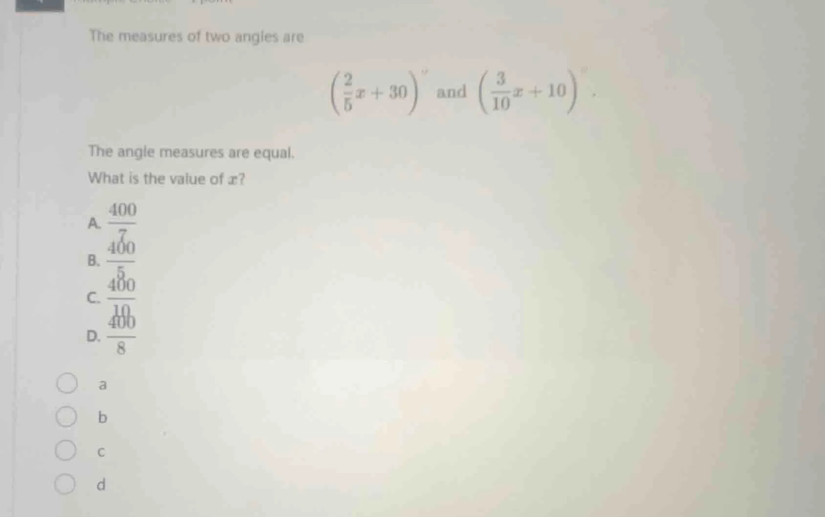 the measures of two angles are (left( \frac{2}{5}x + 30 ight)^circ) and…