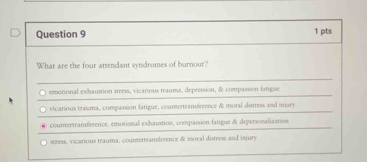 question 9 1 pts what are the four attendant syndromes of burnout? emot…