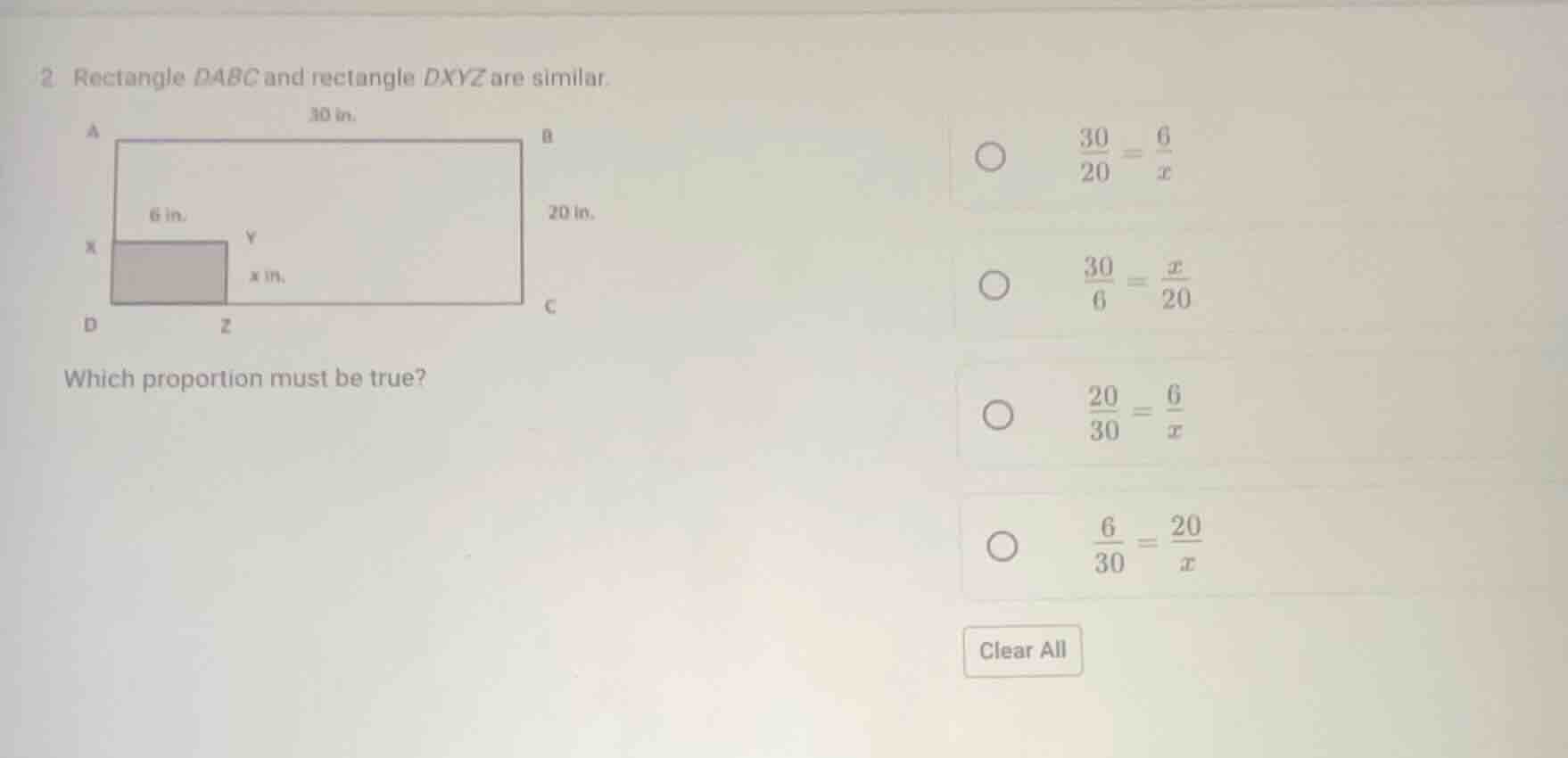 2 rectangle dabc and rectangle dxyz are similar. which proportion must …