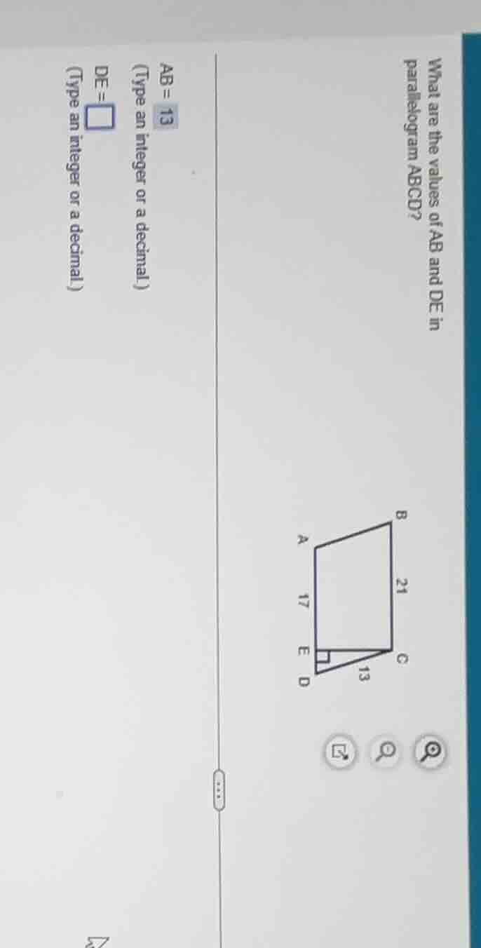 what are the values of ab and de in parallelogram abcd? ab = 13 (type a…