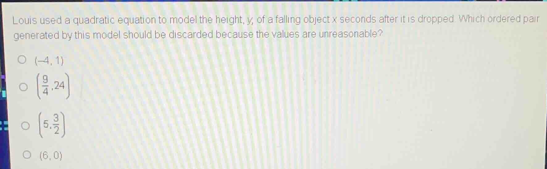 louis used a quadratic equation to model the height, y, of a falling ob…
