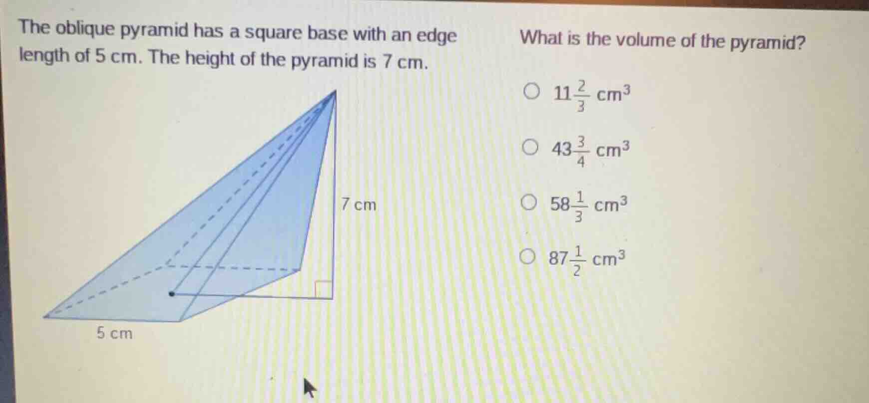 the oblique pyramid has a square base with an edge length of 5 cm. the …