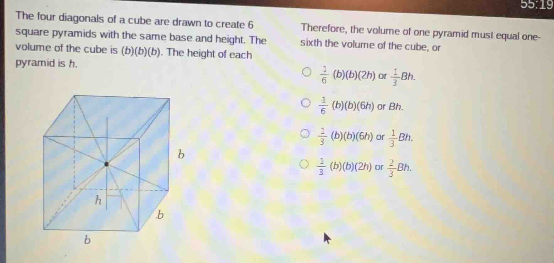 the four diagonals of a cube are drawn to create 6 square pyramids with…