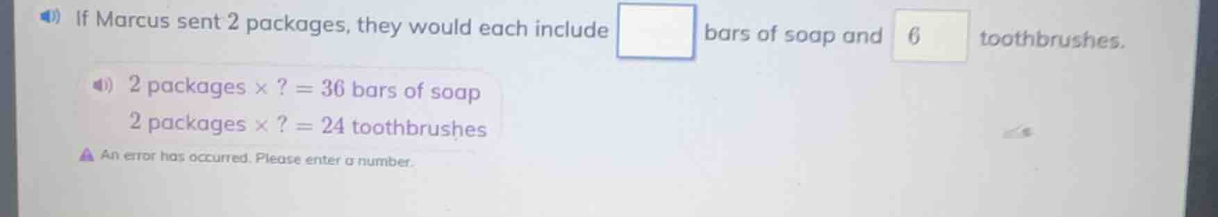 if marcus sent 2 packages, they would each include \\square bars of soa…