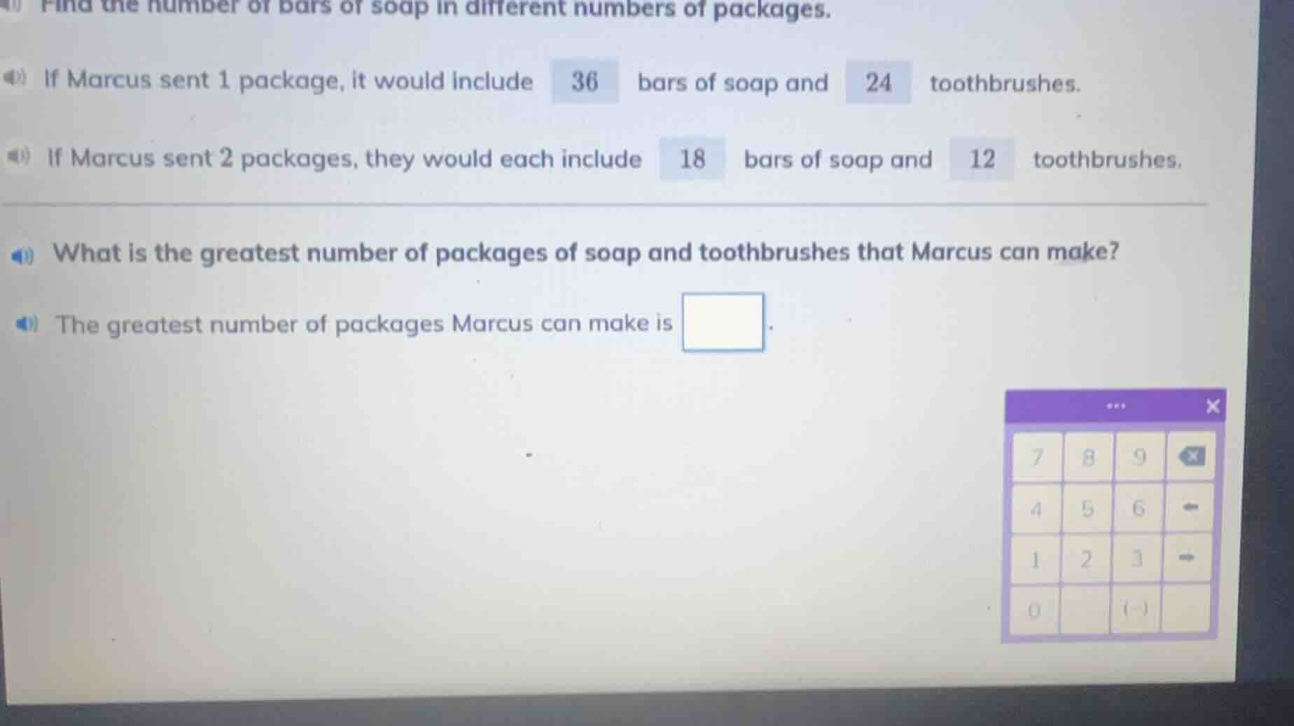 find the number of bars of soap in different numbers of packages. if ma…