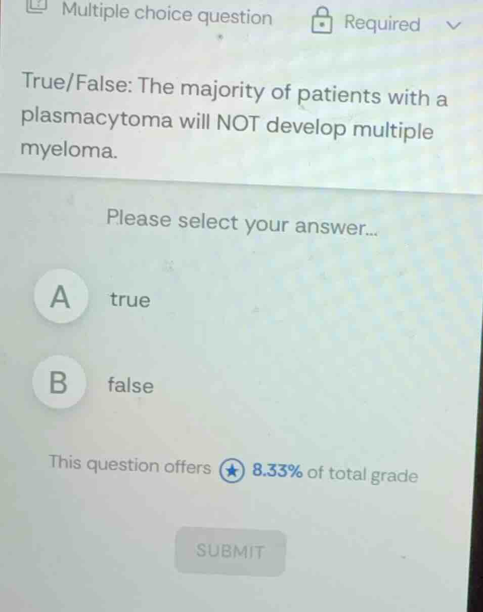 true/false: the majority of patients with a plasmacytoma will not devel…