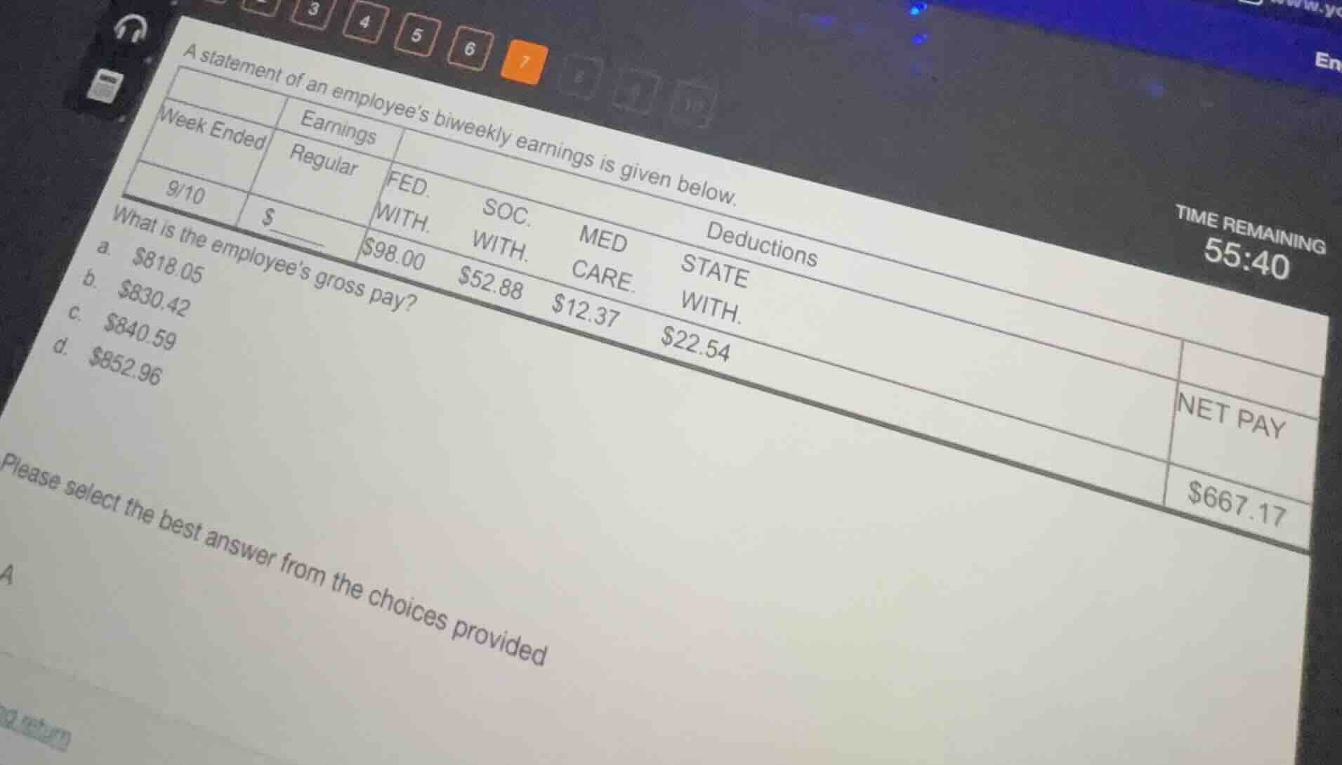 a statement of an employee’s biweekly earnings is given below. | week e…