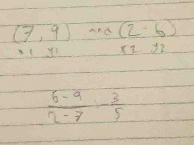 (7, 9) and (2, 6) x1 y1 x2 y2 (6 - 9)/(2 - 7) = 3/5