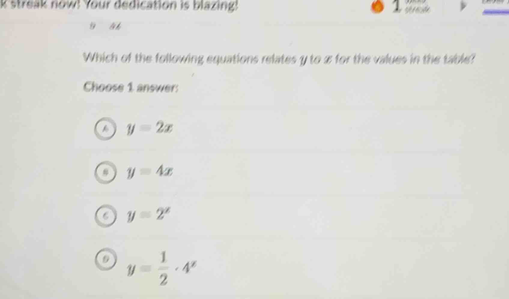 which of the following equations relates y to x for the values in the t…
