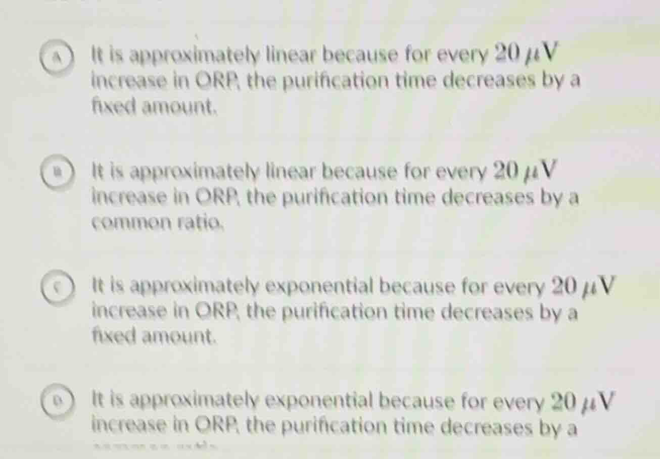 a it is approximately linear because for every 20 μv increase in orp, t…