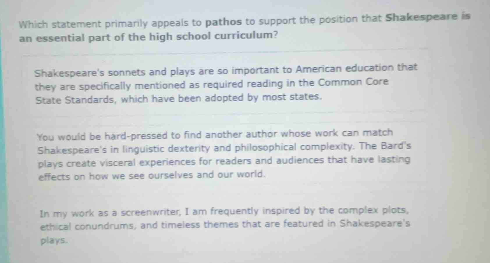 which statement primarily appeals to pathos to support the position tha…