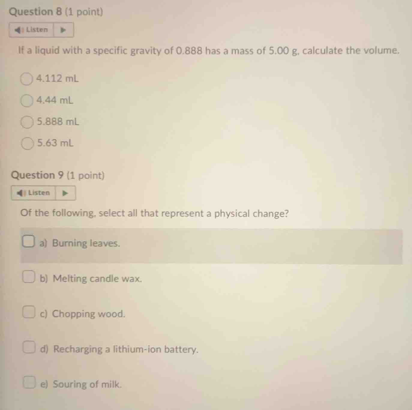 question 8 (1 point) listen if a liquid with a specific gravity of 0.88…