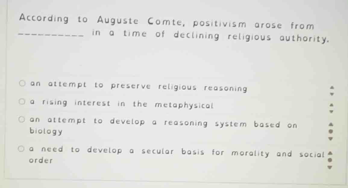 according to auguste comte, positivism arose from --------- in a time o…