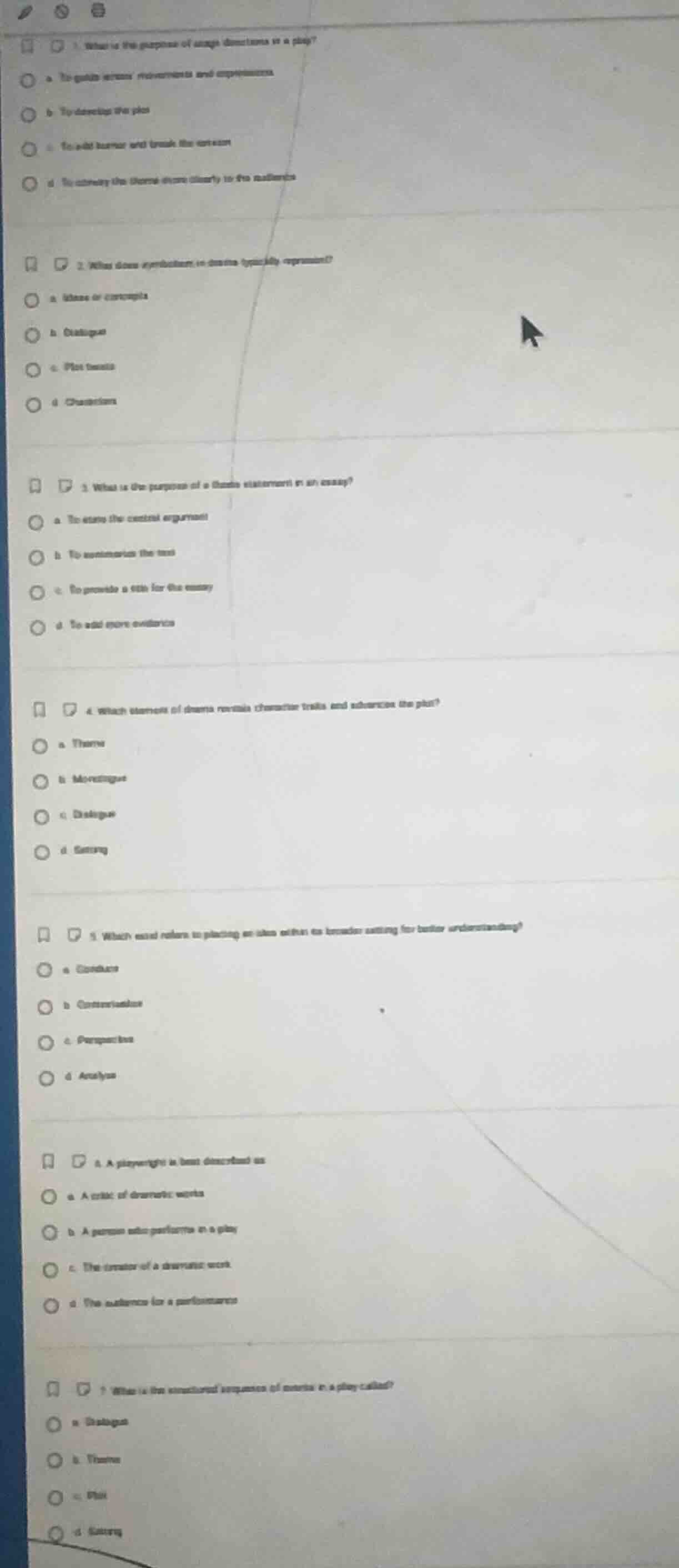 1. what is the purpose of stage directions in a play? a. to guide actor…