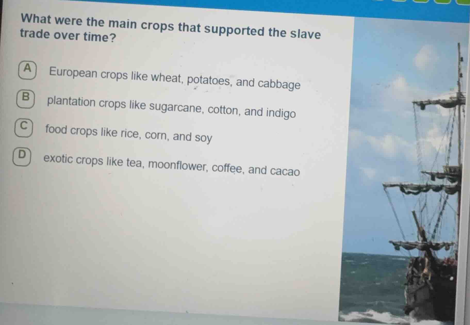 what were the main crops that supported the slave trade over time? a eu…
