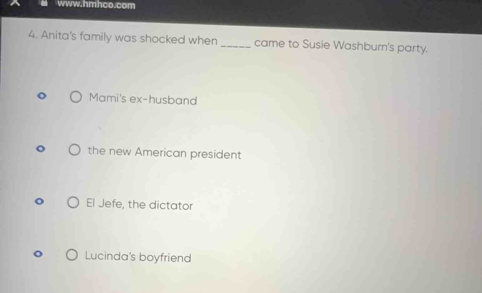 4. anita’s family was shocked when ____ came to susie washburn’s party.…