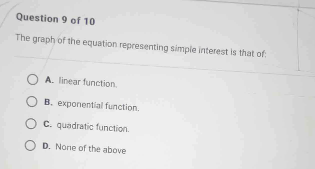question 9 of 10 the graph of the equation representing simple interest…