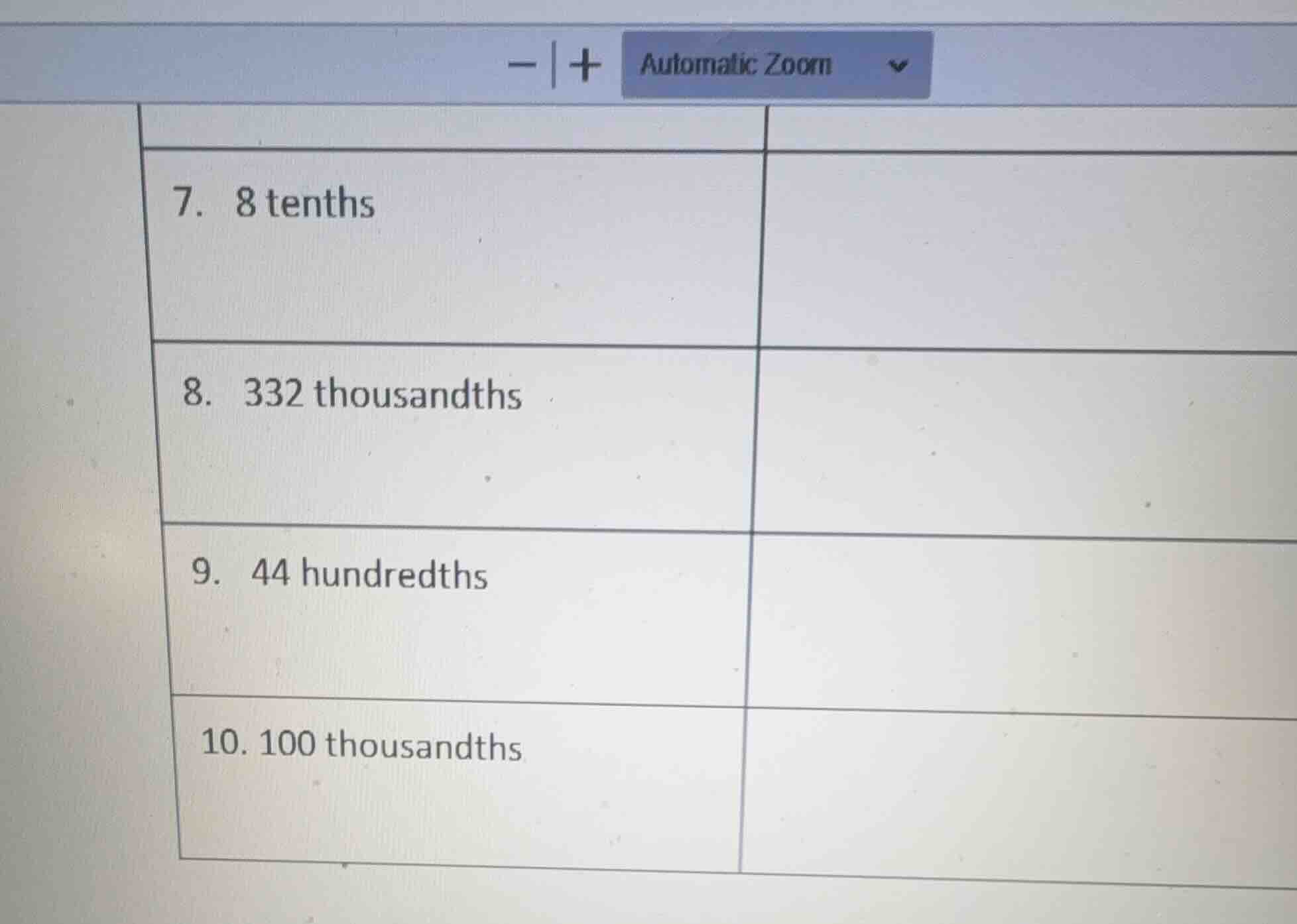 7. 8 tenths 8. 332 thousandths 9. 44 hundredths 10. 100 thousandths