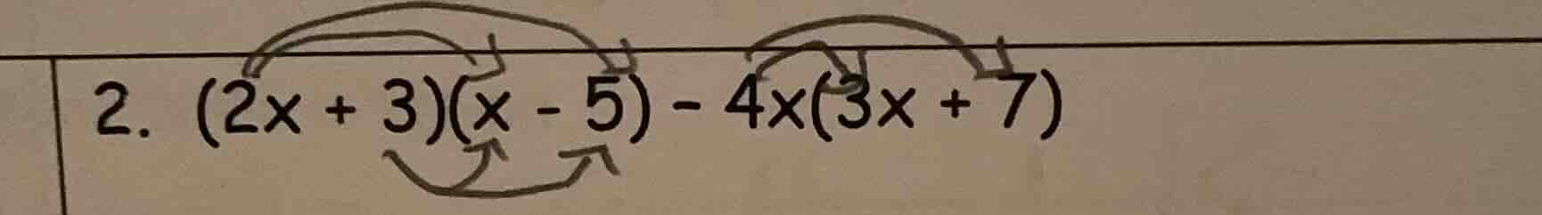 2. (2x + 3)(x - 5) - 4x(3x + 7)