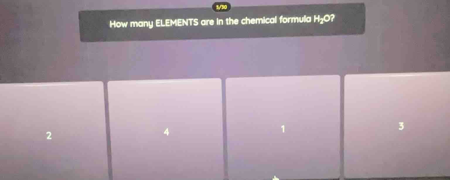 how many elements are in the chemical formula h₂o? 2 4 1 3