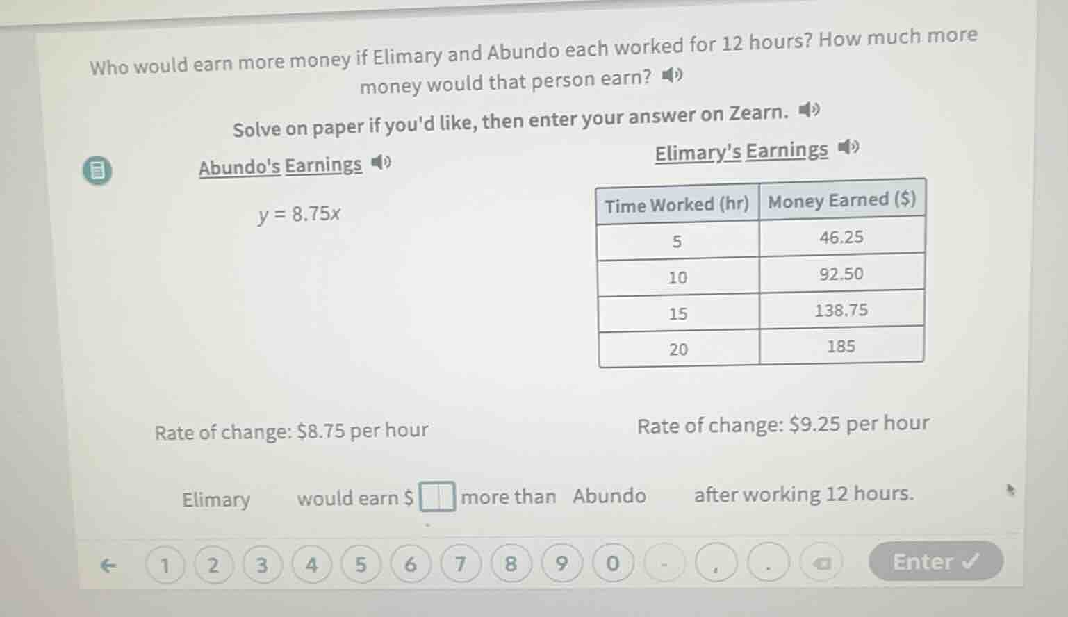 who would earn more money if elimary and abundo each worked for 12 hour…