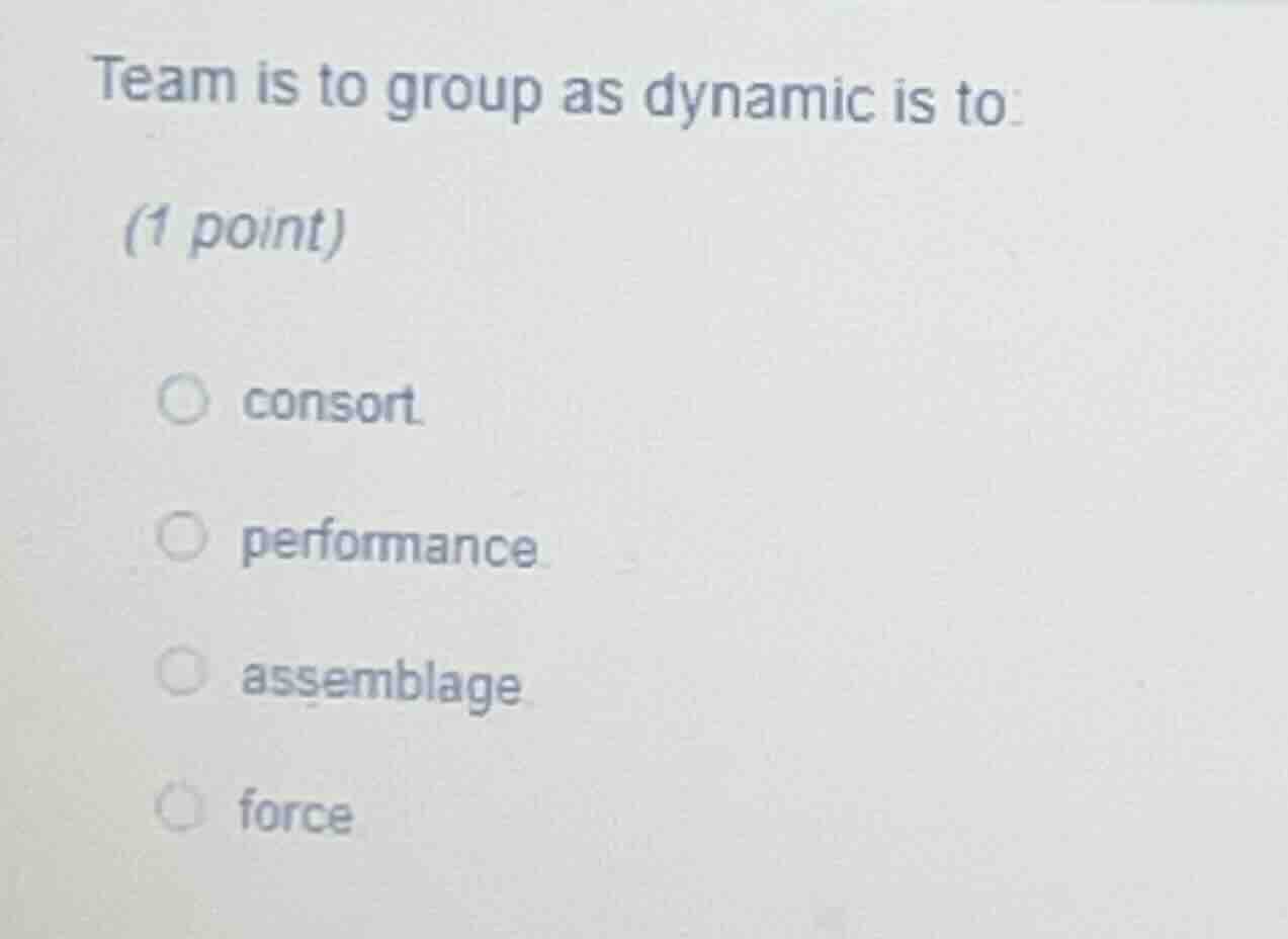 team is to group as dynamic is to:(1 point)consortperformanceassemblage…