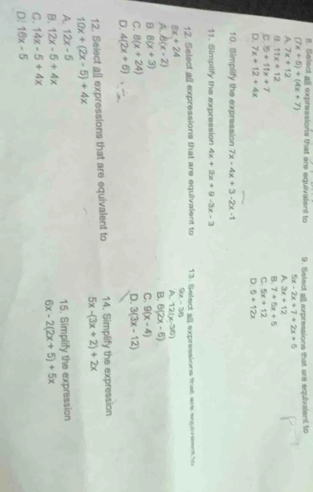 8. select all expressions that are equivalent to ((7x + 6)+(4x + 7)) a …