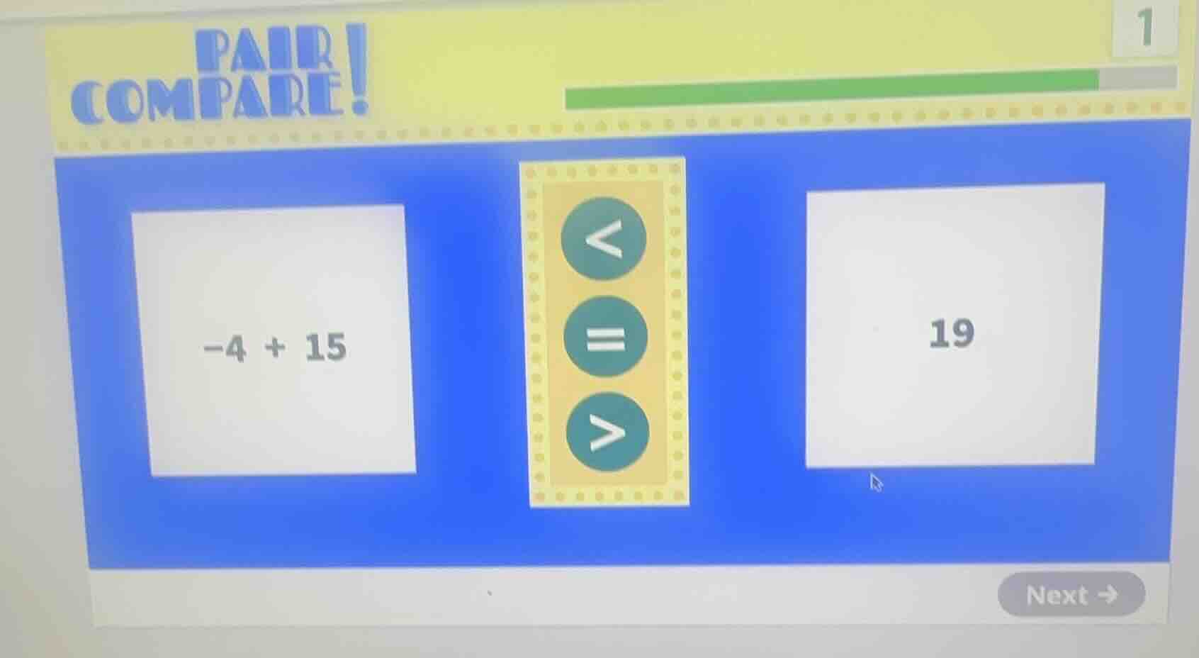 pair compare! -4 + 15 < = > 19