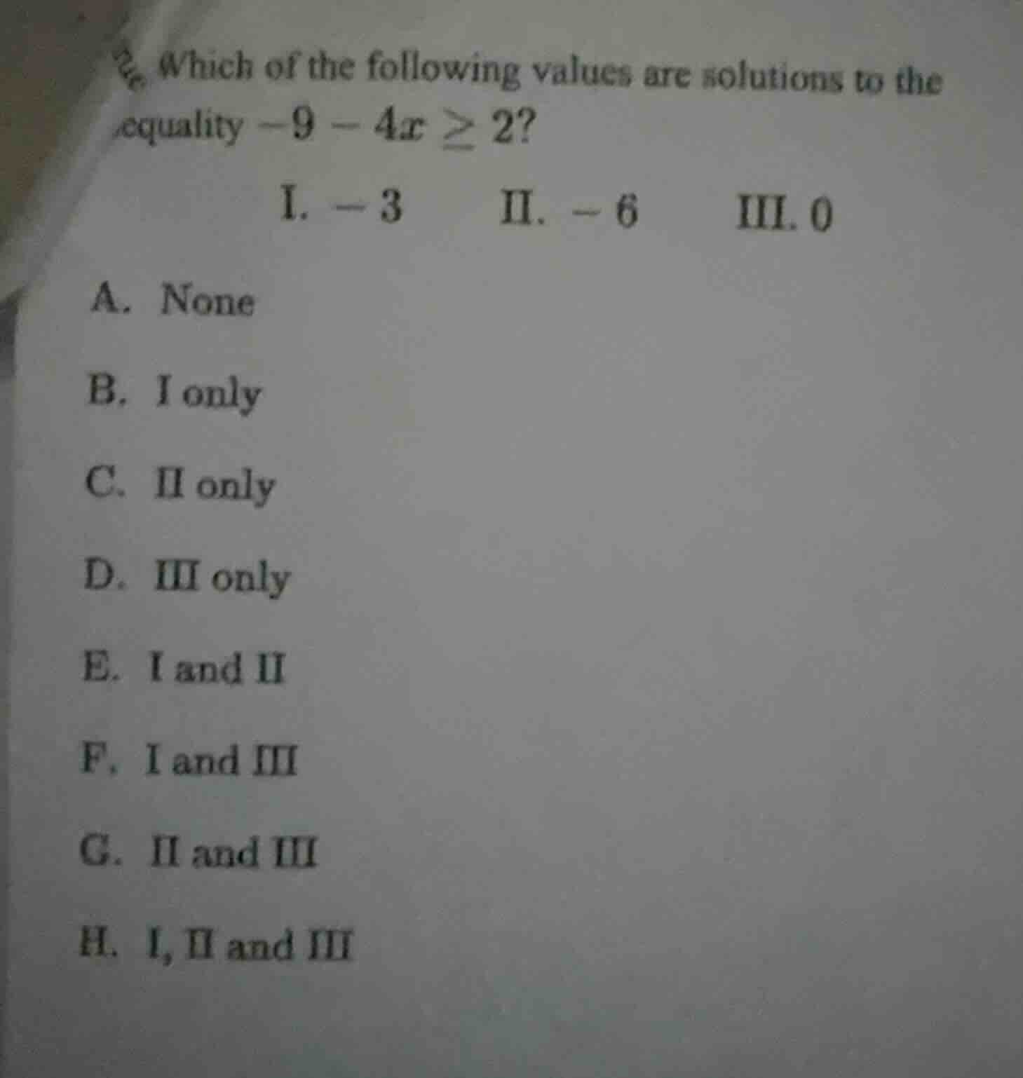 which of the following values are solutions to the inequality $-9 - 4x …
