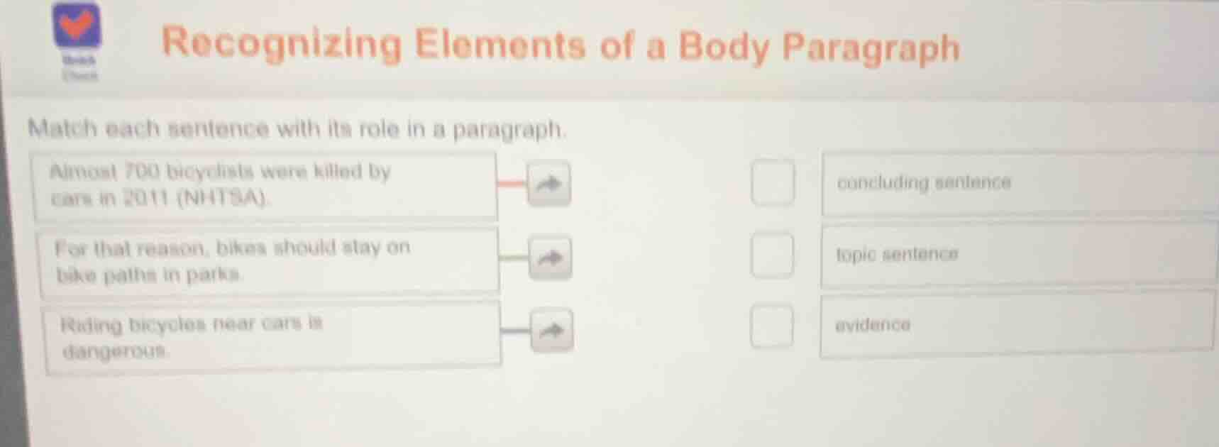 recognizing elements of a body paragraph match each sentence with its r…