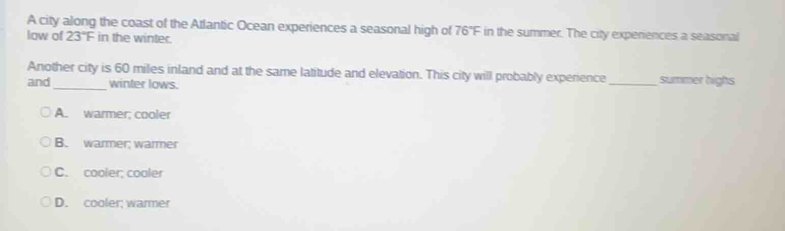 a city along the coast of the atlantic ocean experiences a seasonal hig…