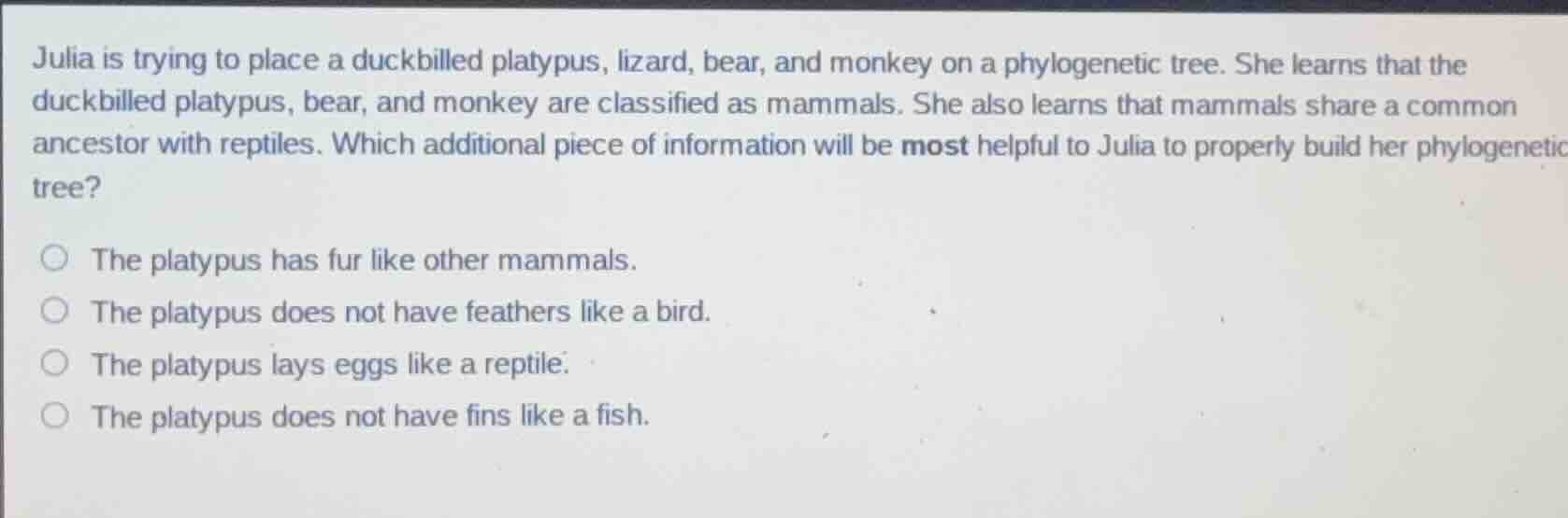 julia is trying to place a duckbilled platypus, lizard, bear, and monke…