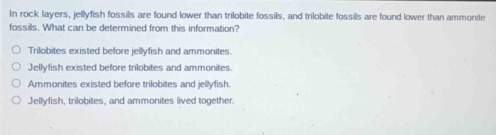 in rock layers, jellyfish fossils are found lower than trilobite fossil…