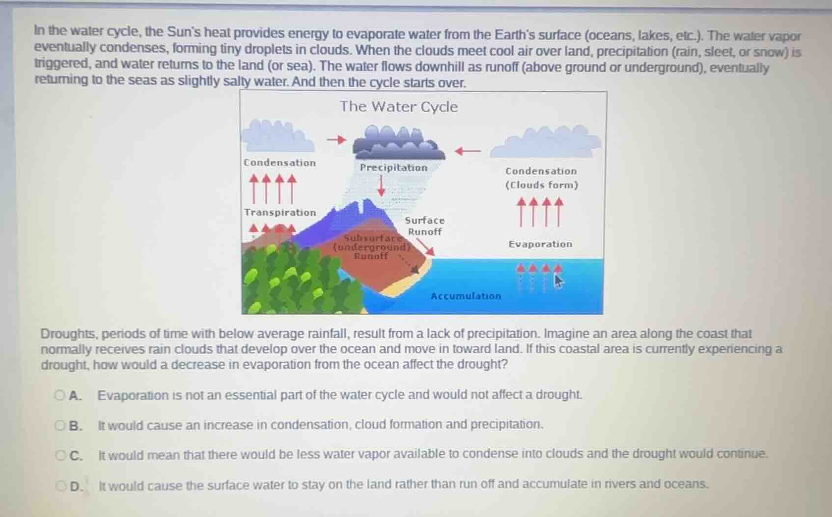 in the water cycle, the sun’s heat provides energy to evaporate water f…