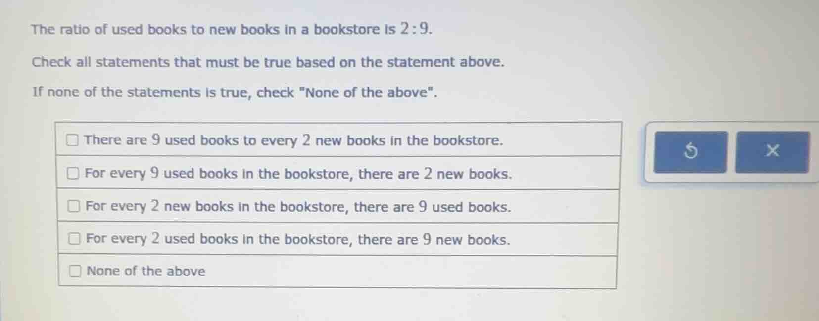 the ratio of used books to new books in a bookstore is 2:9. check all s…