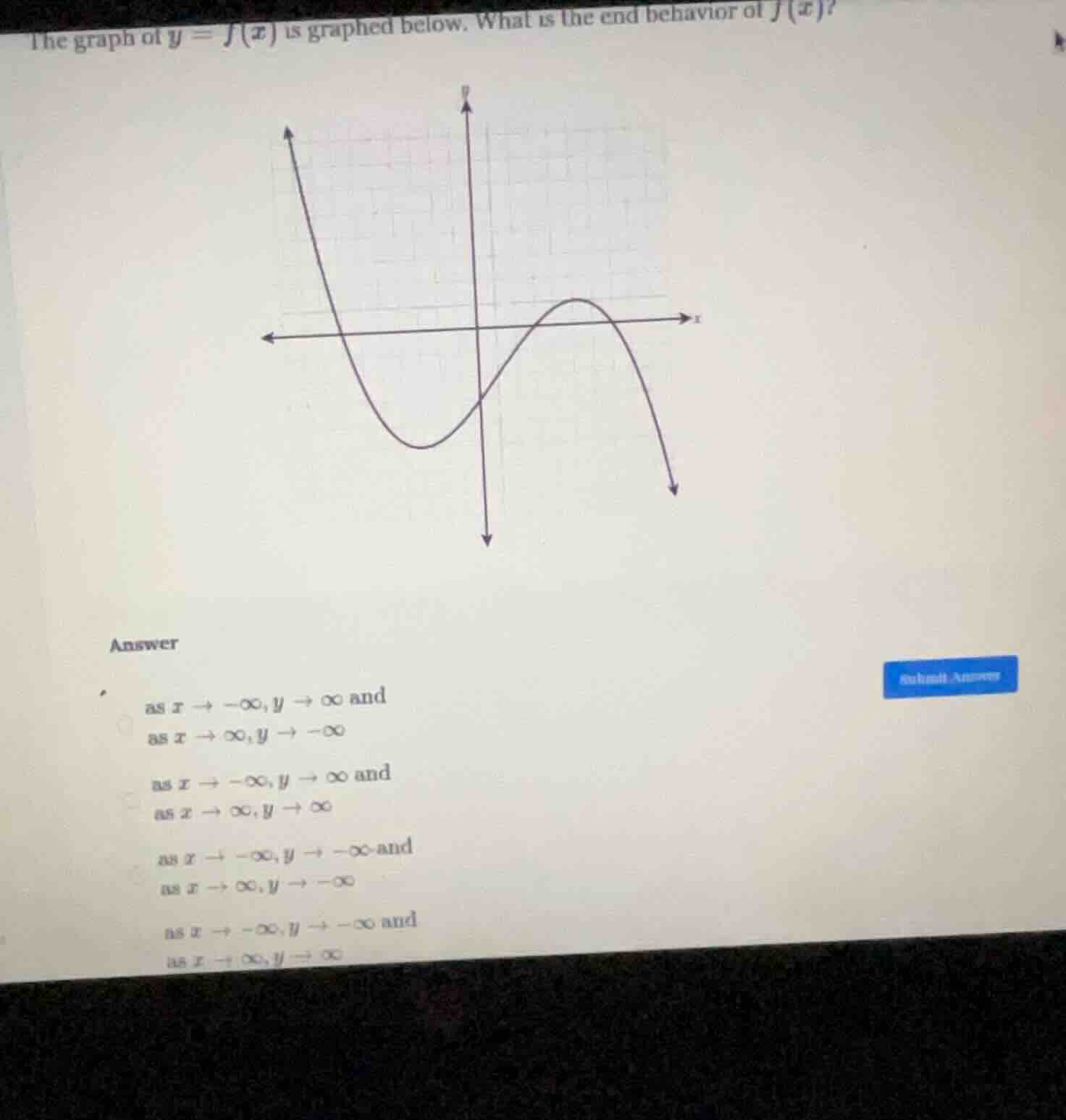 the graph of ( y = f(x) ) is graphed below. what is the end behavior of…