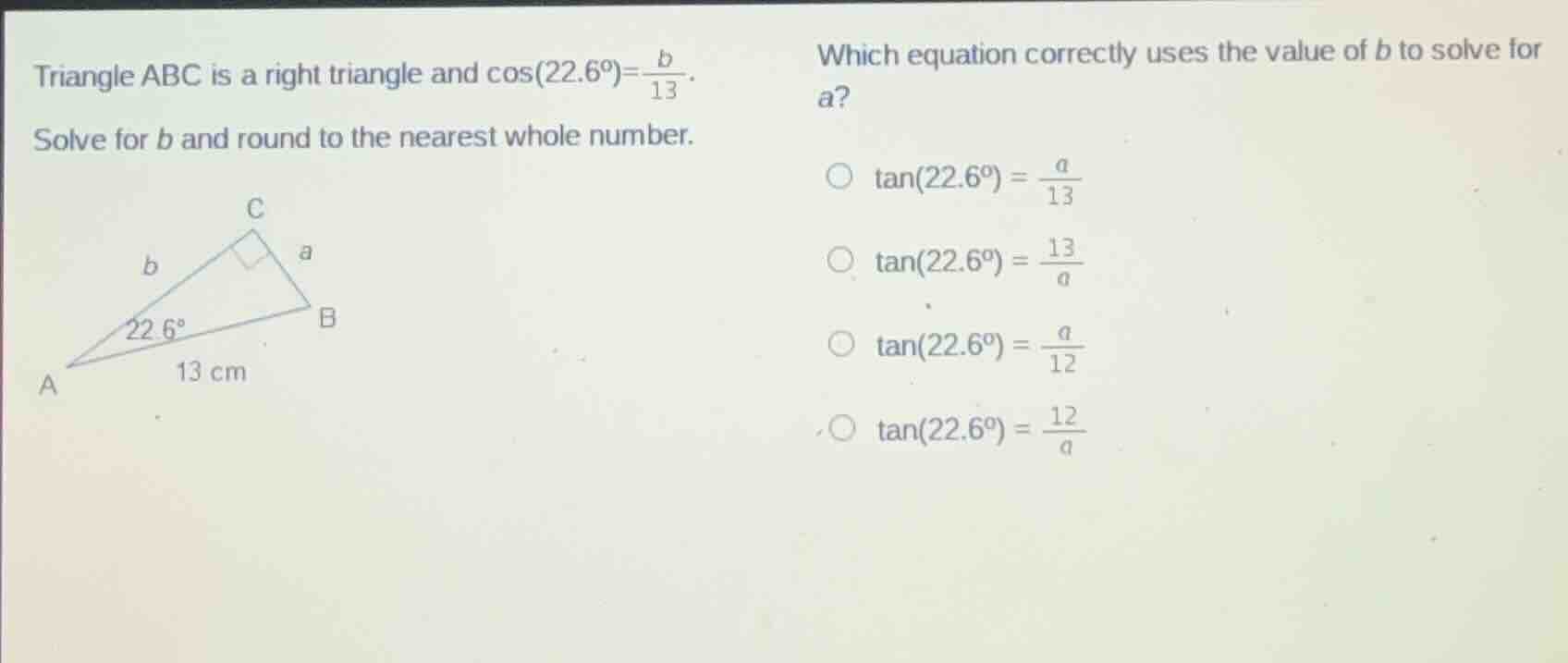 triangle abc is a right triangle and \\(\\cos(22.6^\\circ)=\\frac{b}{13…
