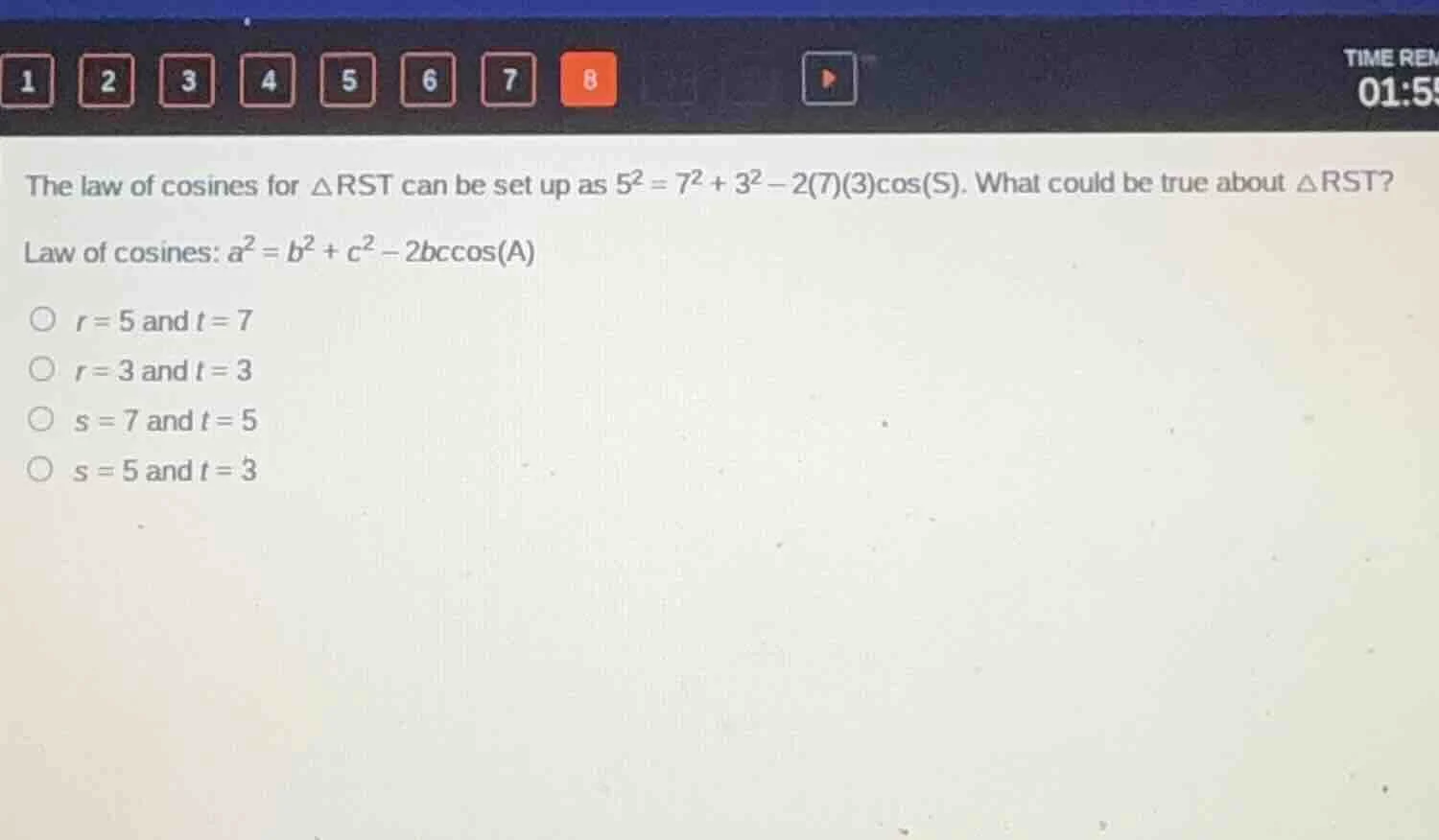 the law of cosines for △rst can be set up as $5^2 = 7^2 + 3^2 - 2(7)(3)…