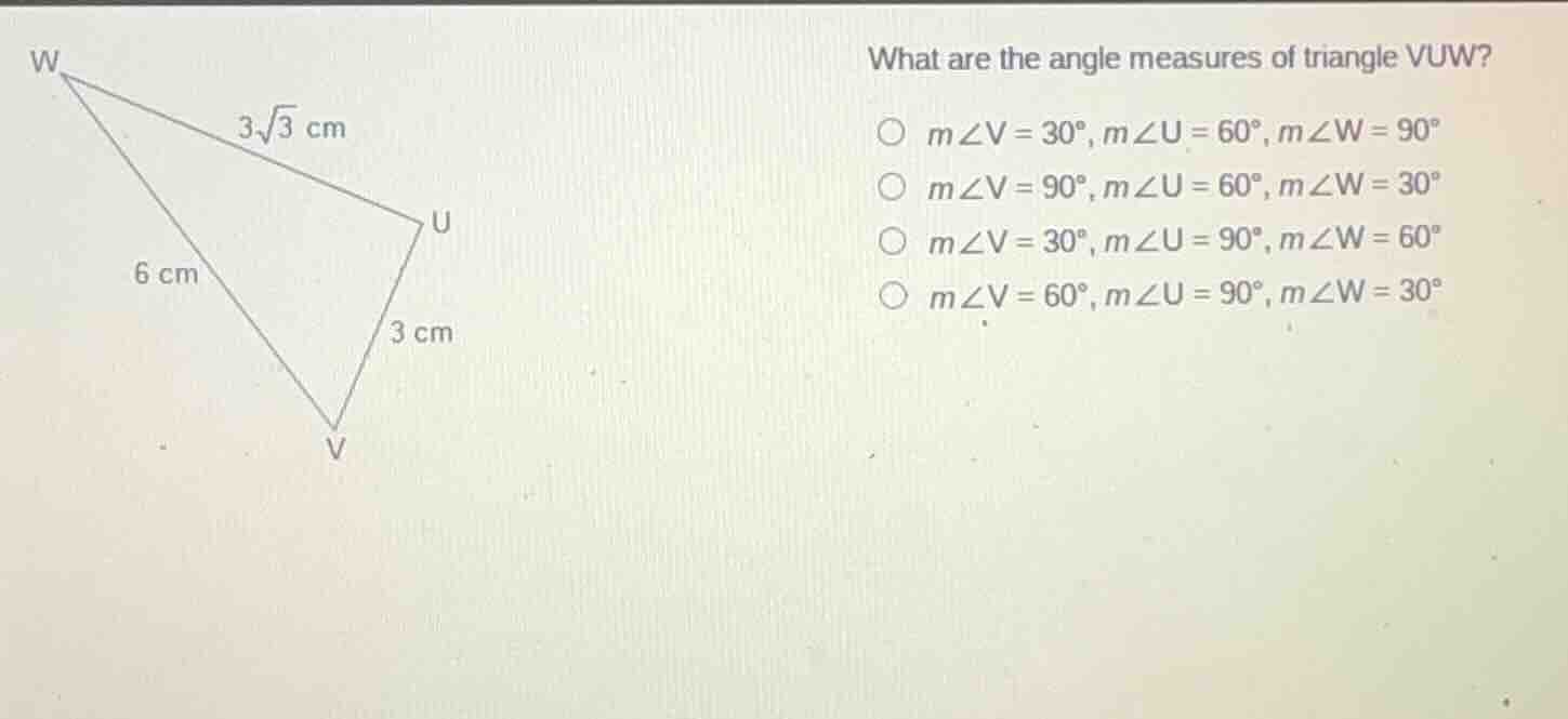what are the angle measures of triangle vuw? - ( mangle v = 30^circ, ma…