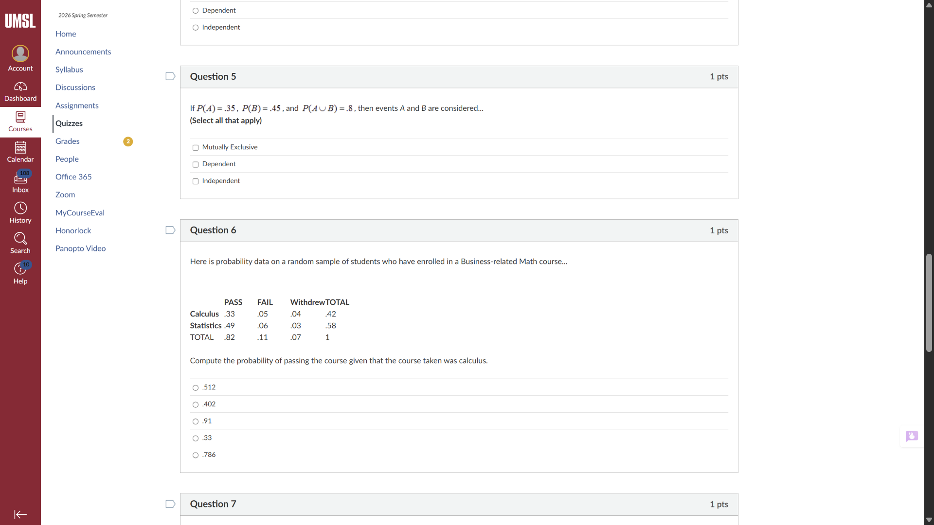 question 5 1 pts if $p(a)=.35$, $p(b)=.45$, and $p(a\\cup b)=.8$, then …