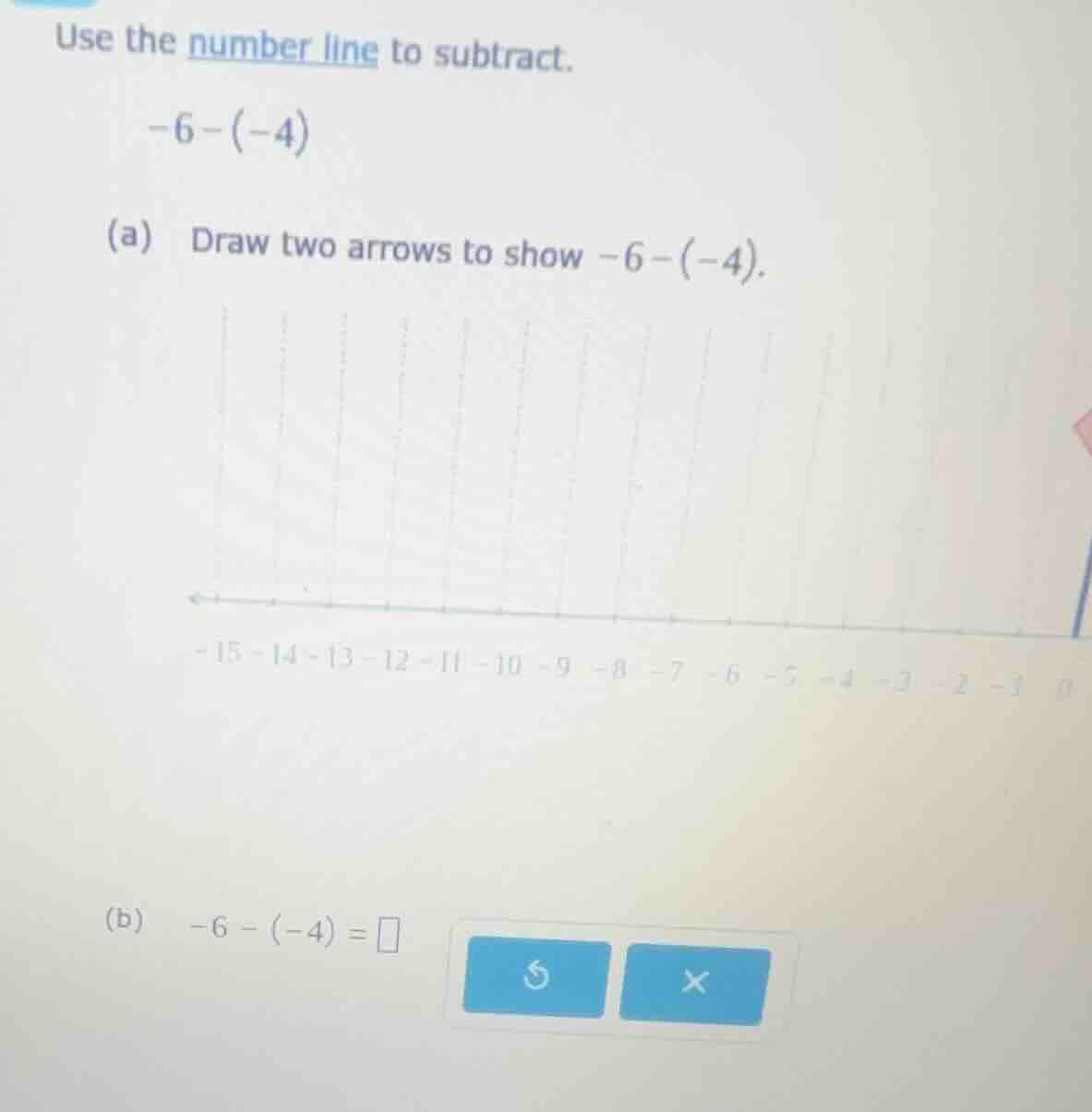 use the number line to subtract. -6 - (-4) (a) draw two arrows to show …