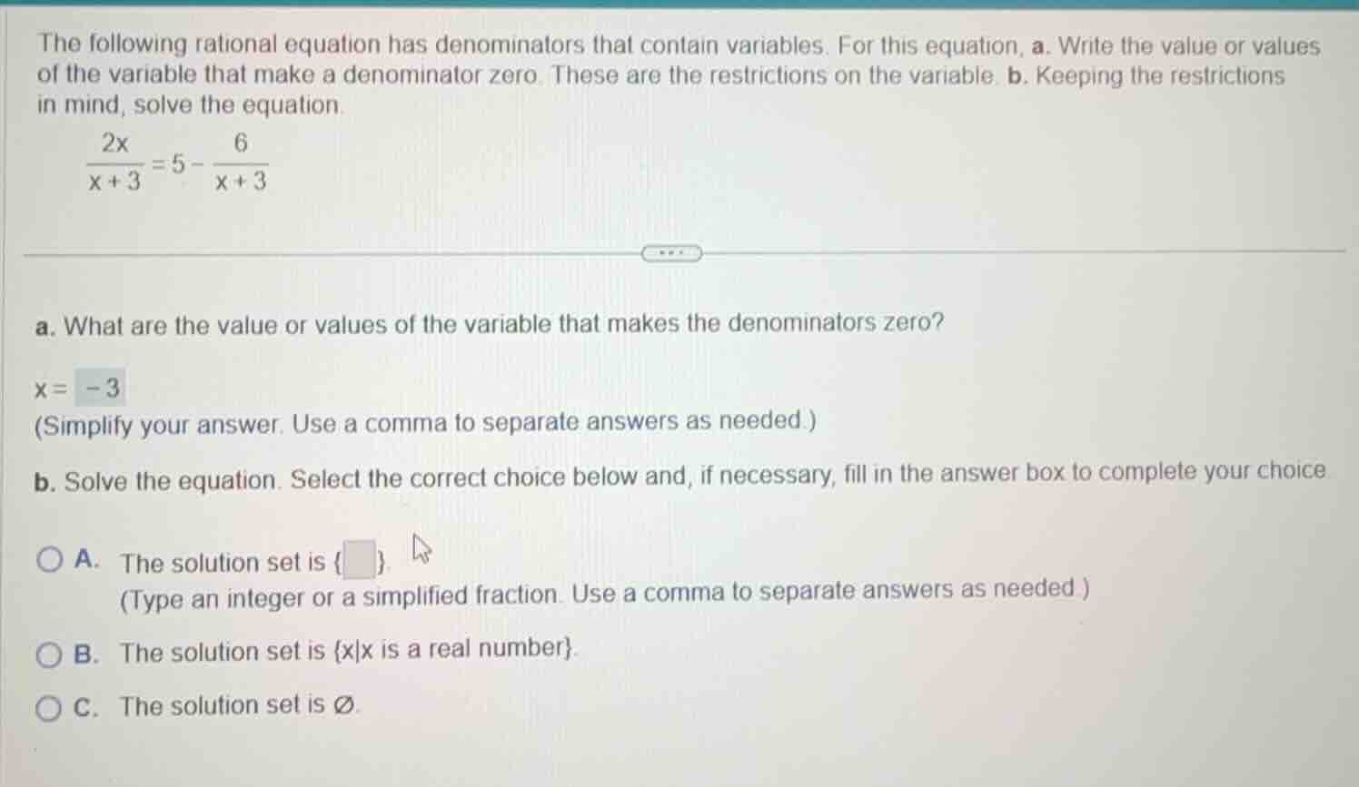 the following rational equation has denominators that contain variables…