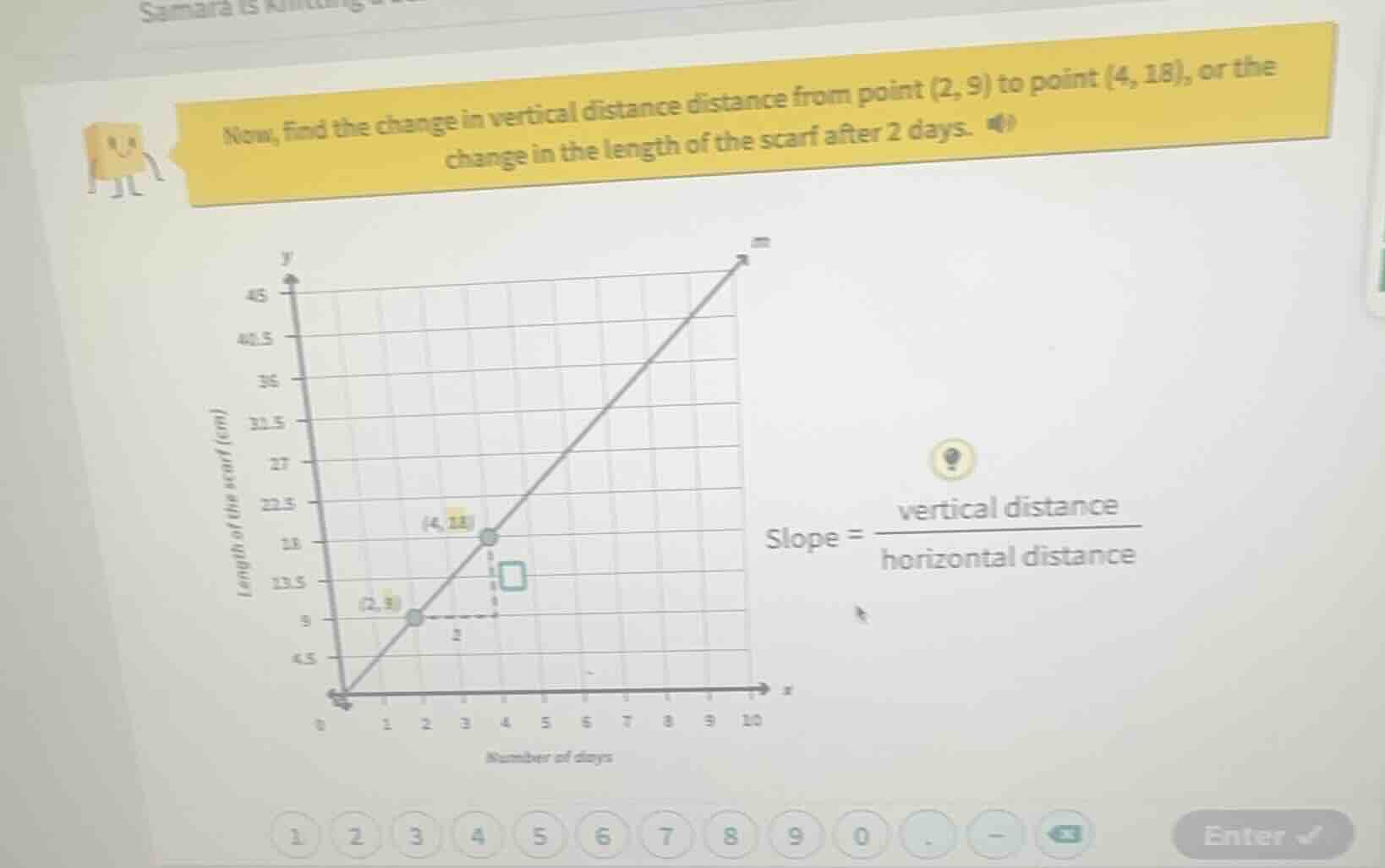 now, find the change in vertical distance distance from point (2, 9) to…