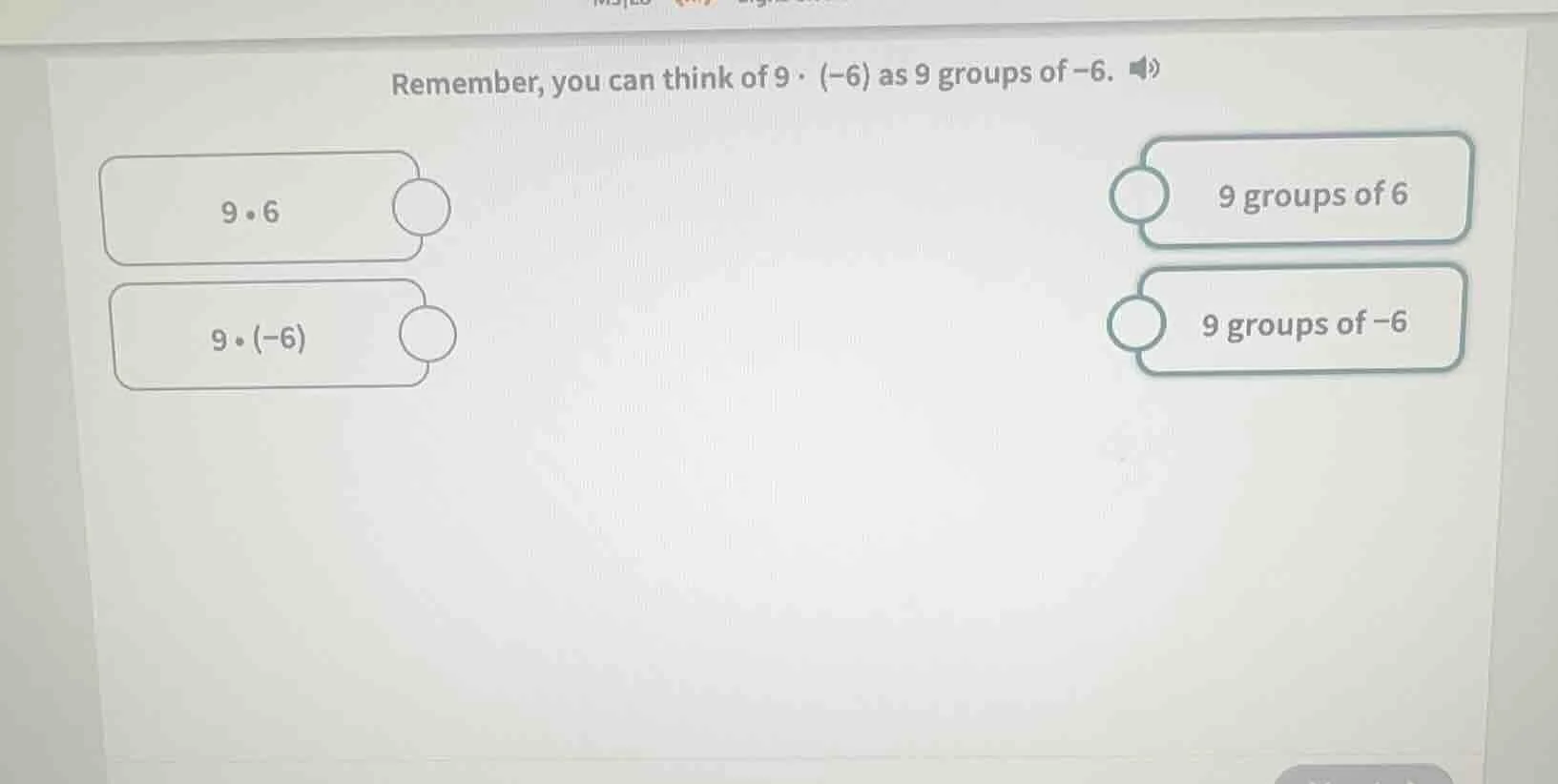 remember, you can think of 9·(-6) as 9 groups of -6. 9·6 9·(-6) 9 group…