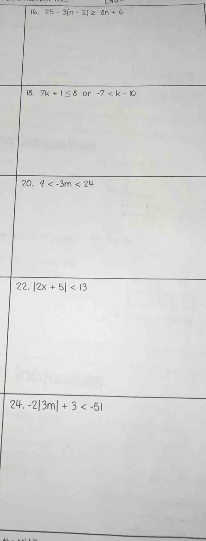 16. $25 - 3(n - 2) geq -8n + 6$ 18. $7k + 1 leq 8$ or $-7 < k - 10$ 20.…