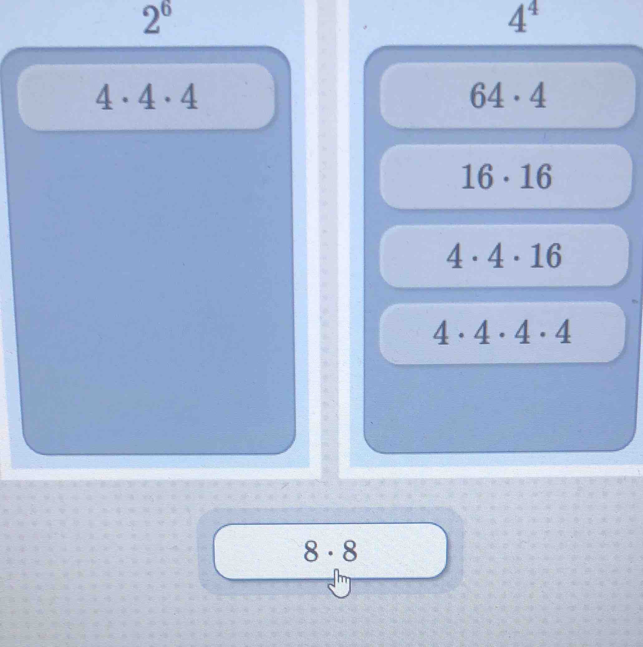 relate the expressions $2^6$ and $4^4$ to their equivalent expanded or …